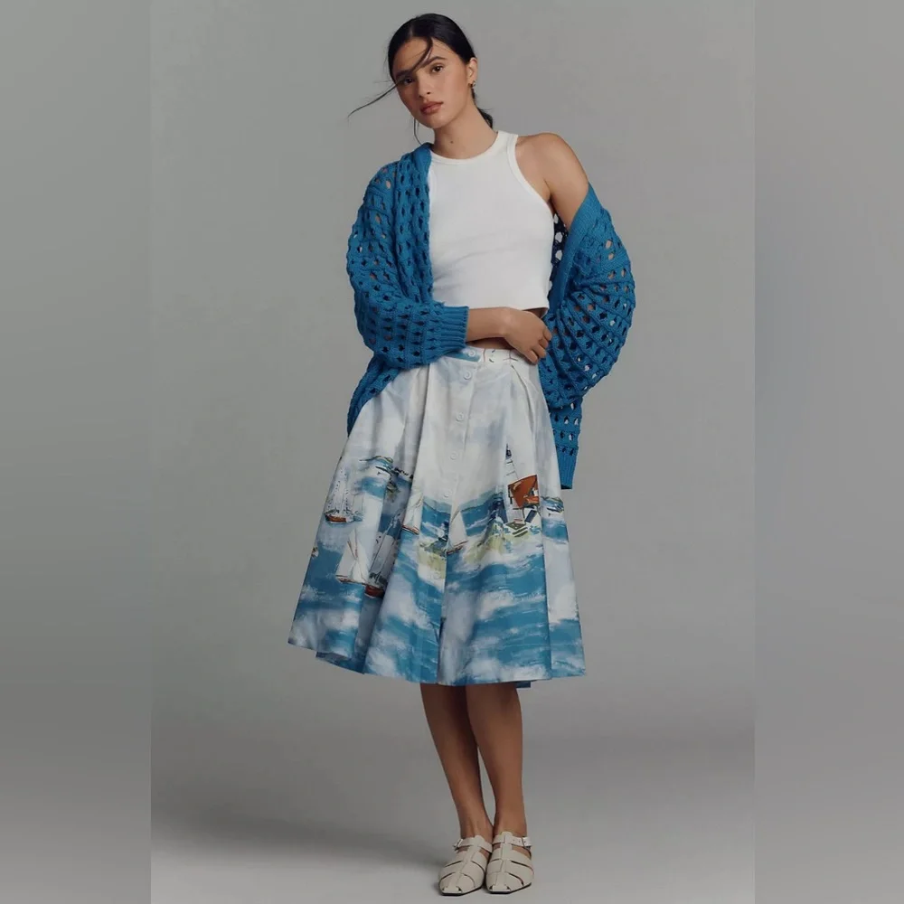 New Anthropologie Maeve 50's Seascape Print A-Line Skirt Size XL - Picture 2 of 9